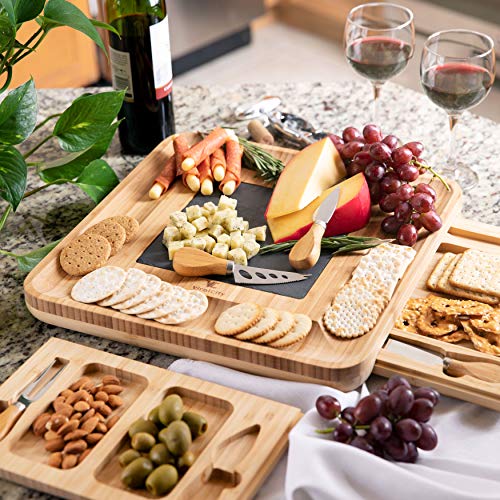 ViralCity Bamboo Cheese Board and Knife Set, Snack Tray Included, 13.8 x 13 x 1.6 Inch Wood Charcuterie Platter for Wine, Cheese, Meat, Large - Thumbnail 2