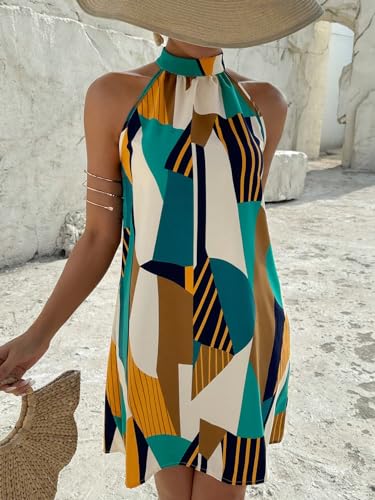 Image of Floerns Women's Geo Print Halter A Line Dress Sleeveless Vacation Short Dresses
