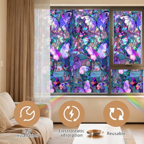 Image of Nuxovilar 17.7x39 Butterfly Stained Glass Window Film, Iridescent | Iridescent butterfly stained glass window film for privacy. Static cling PVC decal for cabinets and dividers.
