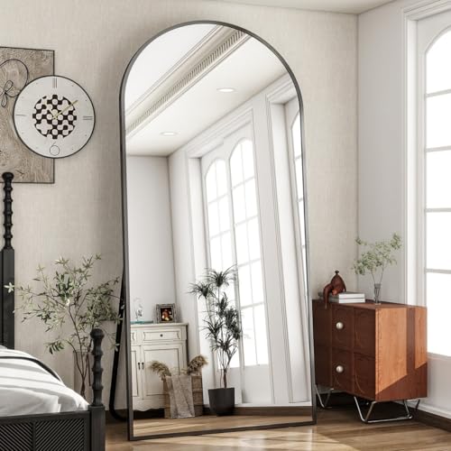 Image of Arch Top Full-Length Mirror | Floor Standing or Wall Mounted | Minimalist Design in Gold, Black & Silver | Oversized Mirror for Bedroom & Entryway (Black, 160x60cm)