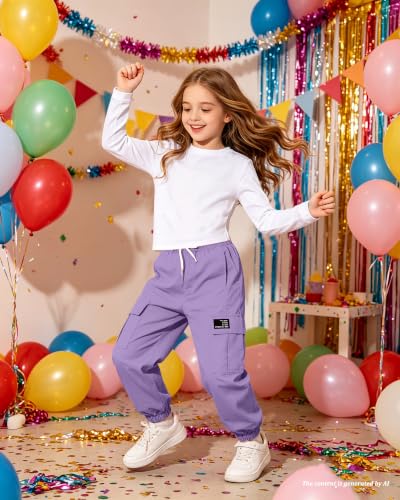 Image of Betusline Girls Fall Winter Clothing Sets, Long Sleeve Crop Top & Cargo Jogger Pants 2 Piece Outfit Sets,4T-14Y