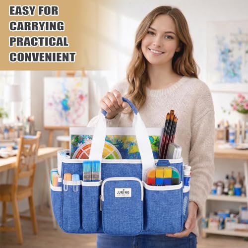 Image of Jjring Craft Organizer Tote Bag, Portable Art Caddy with Adjustable Divider&Secure Zipper Pocket, Large Foldable Storage Tote for Scrapbooking, Sewing, Artist and Home(Blue)