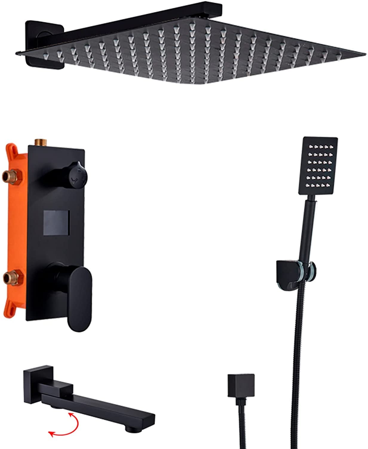 SnamicE Concealed Shower System Digital Display Shower Faucet Set Matt Black Shower Mixer Set with Brass Hand Shower and Waterfall Rainfall Shower Head Advanced Air Techn,16 Inch