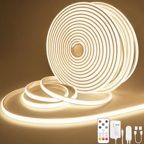 Image of Lamomo COB LED Strip Lights 65.6Ft, 2 Roll Natural White Dimmable Self-Adhesive Led Rope Light with Remote, Flexible Cuttable Waterproof 4000K Silicone Neon Tape Lights for Bedroom, Indoor, Cabinet | Self-Adhesive, Quick Connect, Waterproof, 4000K, 24V Flexible Silicone Neon Tape for Bedroom, Cabinet, 10mm Wide, CRI 90+