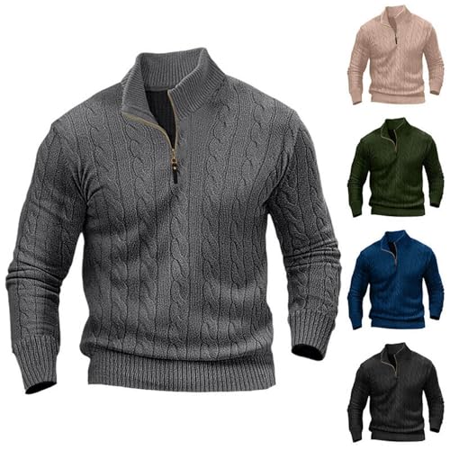 Men's Quarter Zip Up Sweater Solid Color Pullover Polo Mock Neck Cable Knit Thickened Sweaters3