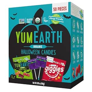 YumEarth Organic Halloween Variety Box - Allergy Friendly (Top 9 Free), No Artificial Dyes or Flavors, Non GMO, Gluten Free, Vegan Candy Snacks, Individually Wrapped (Pack of 50)
