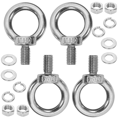 4 Pack M10 Stainless Steel Eye Bolts with Nuts &amp; Washers, M10x0.65 L