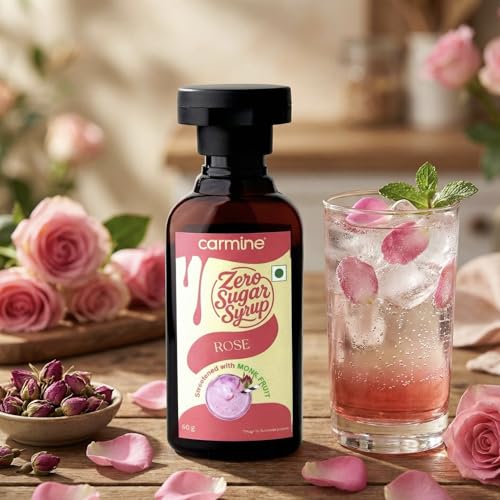 Image of Carmine Zero Sugar Syrups - Combo of 5 Syrups (Alphonso Mango, Lemon lime, Kesar milk masala, Rose and Raw Mango), 60 g each