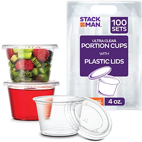 [100 Sets - 5.5 oz.] Plastic Cups with Lids, Clear Portion Cups, Disposable Snack Cups, Yogurt Cups, Parfait Cups, Pudding Cups, Souffle Cups, Dessert Cups, Disposable Containers with Lids 5.5oz.