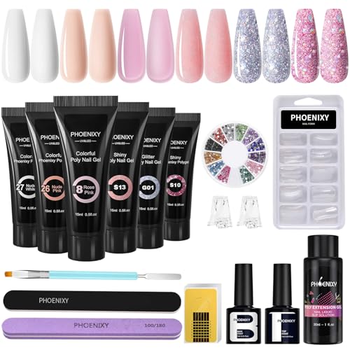 Phoenixy Gel Ricostruzione Unghie 6 Colori 15 ML Kit Unghie Gel Completo Bianco Rosa Nudo Base Coat e Top Coat Kit Ricostruzione Unghie Principiante Per Le Donne Clip per Unghie