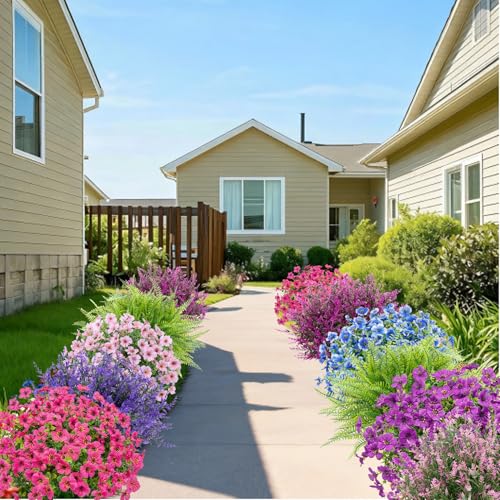 Image of Bassion 20 Bundles Artificial Flowers for Outdoors Fake Flowers, Multi | UV resistant, silk fake flowers with lavender and ferns shrubs, faux plants, outdoor planters porch garden home decorations