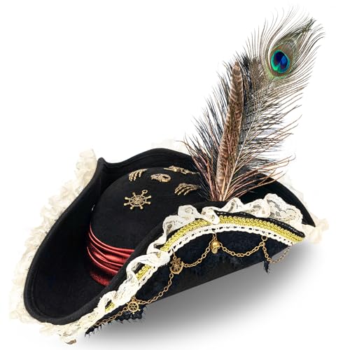 Tanganan Pirate Hat Costume Halloween Woolen Lace Feathers Style Tricorn Hat Pirate Cap Fancy Dress Colonial Medieval Accessory Black Red for Women Men (Black)