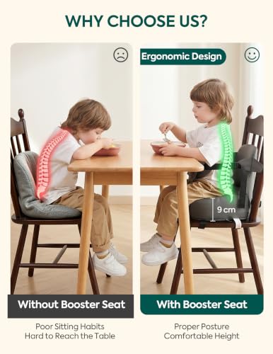 Image of Babelio Ergo-Rest Booster Seat for Kitchen Chair, Promote Proper Upright Posture, Non-Slip with Backrest & Adjustable Straps, Stain-Resistant Faux Leather, Fits Toddlers 1-5 Years, Dark Grey