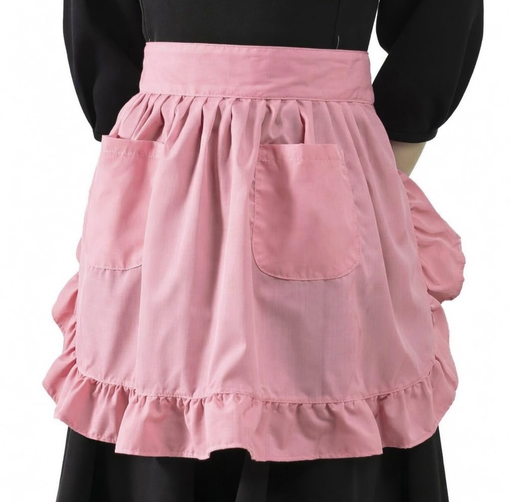 LilMents Womens Waist Apron with Pockets Retro Kitchen Cleaning Ruffles Half Apron (Light Peach)