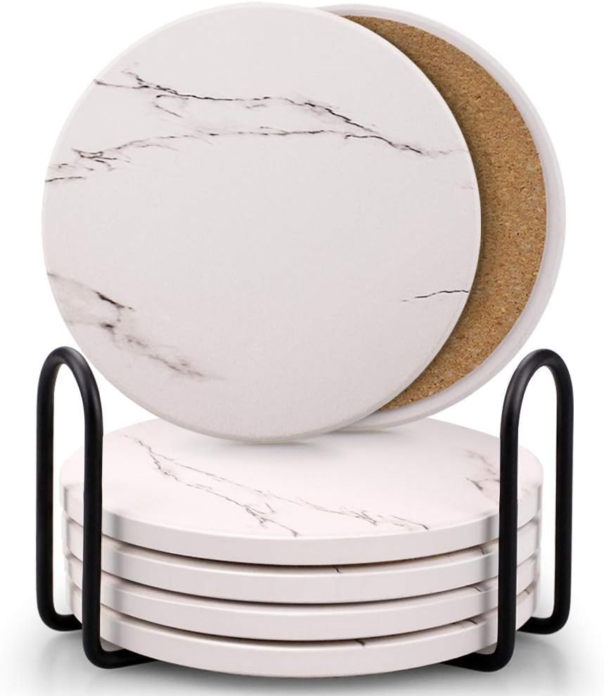 White Marble Pattern Ceramic Drink Coasters with Metal Stand (Set of 6)