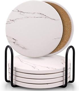 Coasters for Drinks, Absorbent Ceramic Stone Coasters Set with Metal Holder Stand, Cork Base, Marble Surface Pattern, Cups Place Mats for Home Decor, Set of 6 - White