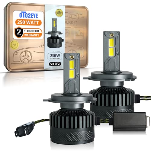 Image of OTO2EYE H7 LED Headlight Bulbs, 250W, 25000 Lumens, Super Bright Headlight, 6500K, LED Headlight Auto Conversion Kit for Car, Set of 2, (2 Years Warranty)