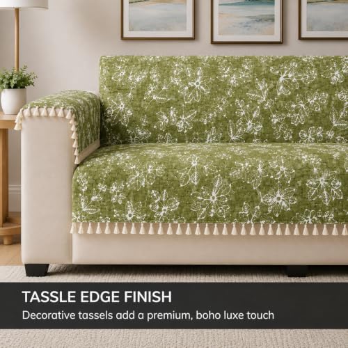Image of STITCHNEST Woven Fabric Sofa Cover 3 Seater with 2 Hand Rest Covers - Washable Green Sofa Cover with Tassels - Durable Premium Fabric - Stylish Sofa Protector for Living Room & Furniture Decor