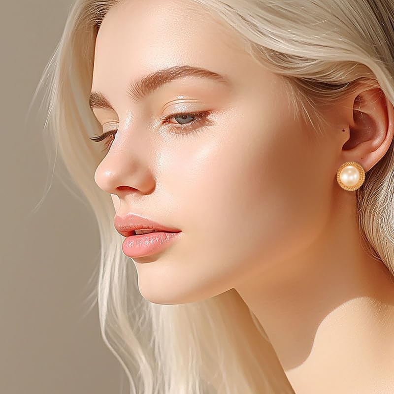 Pearl Stud Earrings for Women, Faux Large Gold Pearl Earrings Studs, Dainty White Big Pearl Earrings Pearl Statement Earrings Gold Studs