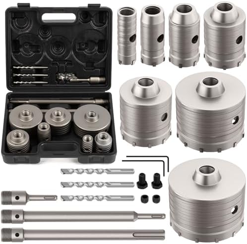 DAIMIT 20PCS Concrete Hole Saw Kits with 3 Drill Bits and SDS Plus & Max Shank, Hole Saw Tool Set for Concrete Cement Brick Stone Wall Drilling, Kit Size 30 40 50 65 80 100 110MM