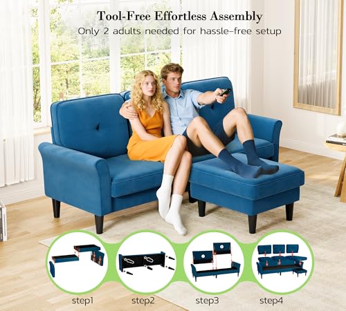 Image of Small Sectional Couch, 83 inch L Shaped Couch, Comfy Velvet Couches for Living Room, Tool-Free Setup Modular Sectional Sofa, 850lbs Load Sofas for Living Room with 1 Movable Ottoman, Blue Couch