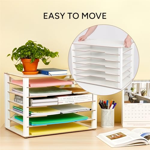 Image of Yumkfoi Construction Paper Organizer 12 inch x 18 inch, 6-Tiers Paper Organizer Storage, Wooden Desktop Organizer, Letter Tray for Office, Home, Classroom