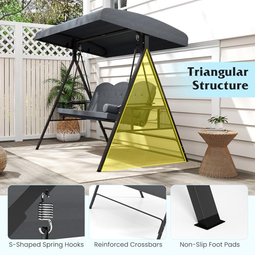 Image of Tangkula 3 Person Porch Swing, Outdoor Swing with Adjustable Canopy, Thickened Cushions & Pillow, Metal Frame, Foldable Side Tray for Backyard, Garden and Poolside (Grey)