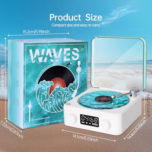 Image of Retro-style Wireless Aqua Vinyl Bluetooth Speaker with 360 Surround Sound, 3 Lighting Modes, 4 Playback Modes, Balanced Sound Quality, Blue