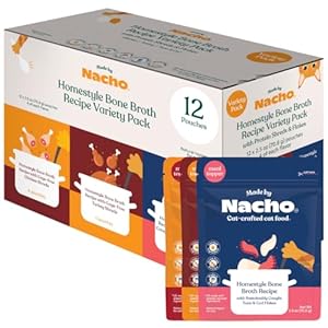 Made by Nacho Wet Cat Food Homestyle Bone Broth Variety Pack Hydrating Food Topper, Chicken (x4), Turkey (x4), and Tuna and Cod Flakes (x4) Limited Ingredients, 2.5oz (12 pouches)