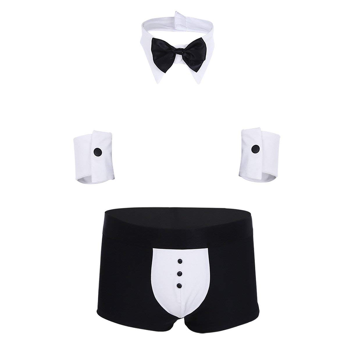 Men's Tuxedo Boxer Brief Costume Set with Detachable Collar, Bow Tie & Cuffs – Novelty Innerwear Black-image-49