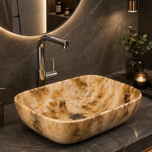 Image of Ceramic Tabletop Wash Basin - Glossy Rectangular Countertop Vessel Sink with Marble Finish for Bathroom & Vanity | Compact 18 x 13 x 5 Inch | Elegant Washbasin