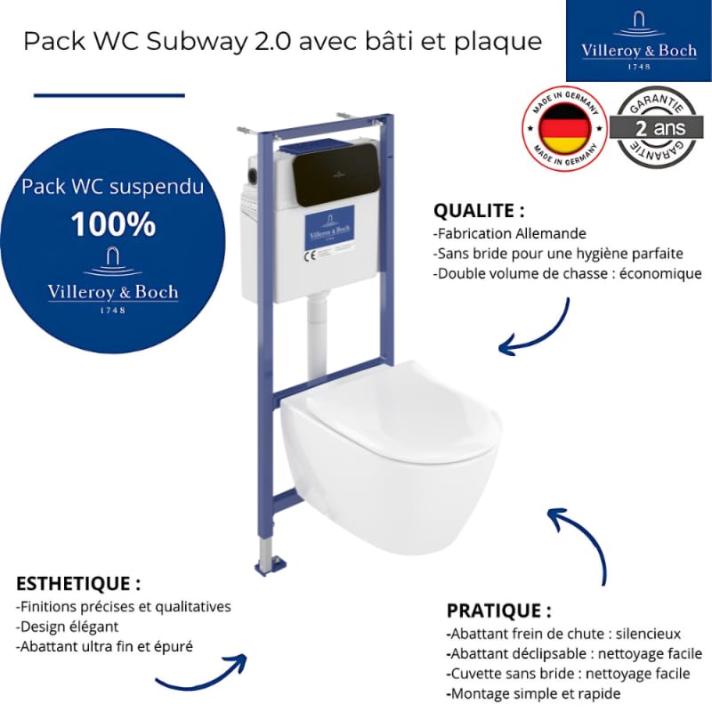 Pack WC sans Bride VILLEROY ET BOCH Subway 2.0 avec abattant Frein de Chute + bâti Viconnect Pro + Plaque Noir Mat