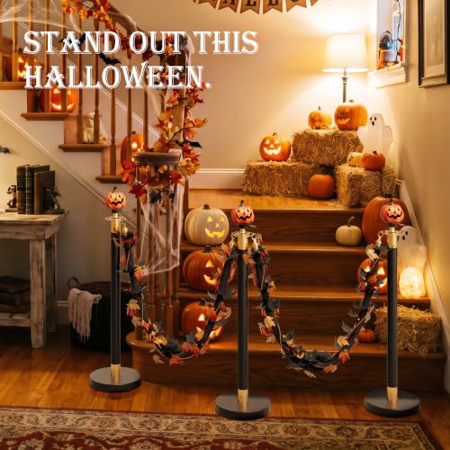 Image of 4 Pack Halloween Pumpkin Head Black&Gold Stanchions and Velvet Ropes Set, Stainless Steel Crowd Control Barriers,3Pcs Black Ropes and Poles for Party,Photobooth Accessories, Prom,Halloween Decorations