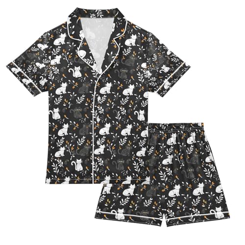 senya Flower Cat Black Satin Summer Pajama Sets Silk Short Sleeve Button Down Sleepwear