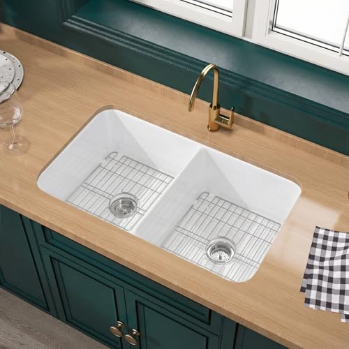 Miuara White Undermount Kitchen Sink 32 Inch Double Bowl 50/50 - Topmount Fireclay Drop In Sink 32'x19'x10', Dual Mount, Heavy Duty Dual Basin, with 4 Custom Accessories, Glossy White, for Kitchen