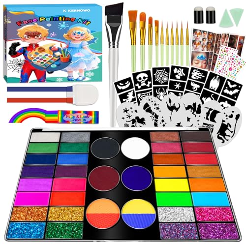 Face Painting Kit for Kids - 42 Colors Washable Face Paint Professional Face Paint Kit with Rainbow & Red White Blue Sticks, Stencils, Brushes & Organizer,Non-Toxic Body Makeup for Kids Halloween