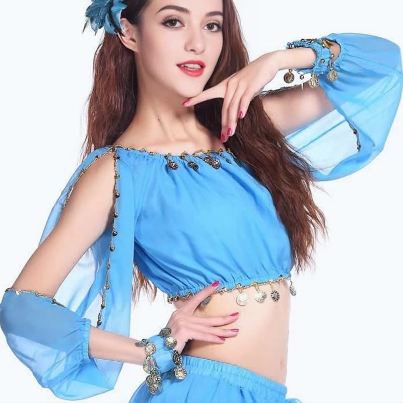 Wuchieal Women's Carnival Stage Performance Tops,Belly Dance Long Sleeves Top,Crop Top with Gold Coins (One Size, Light Blue) - Image 2