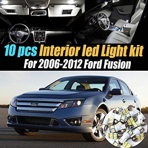 10Pc Super White 6000k Car Interior LED Light Kit Package Compatible with 2006-2012 Ford Fusion