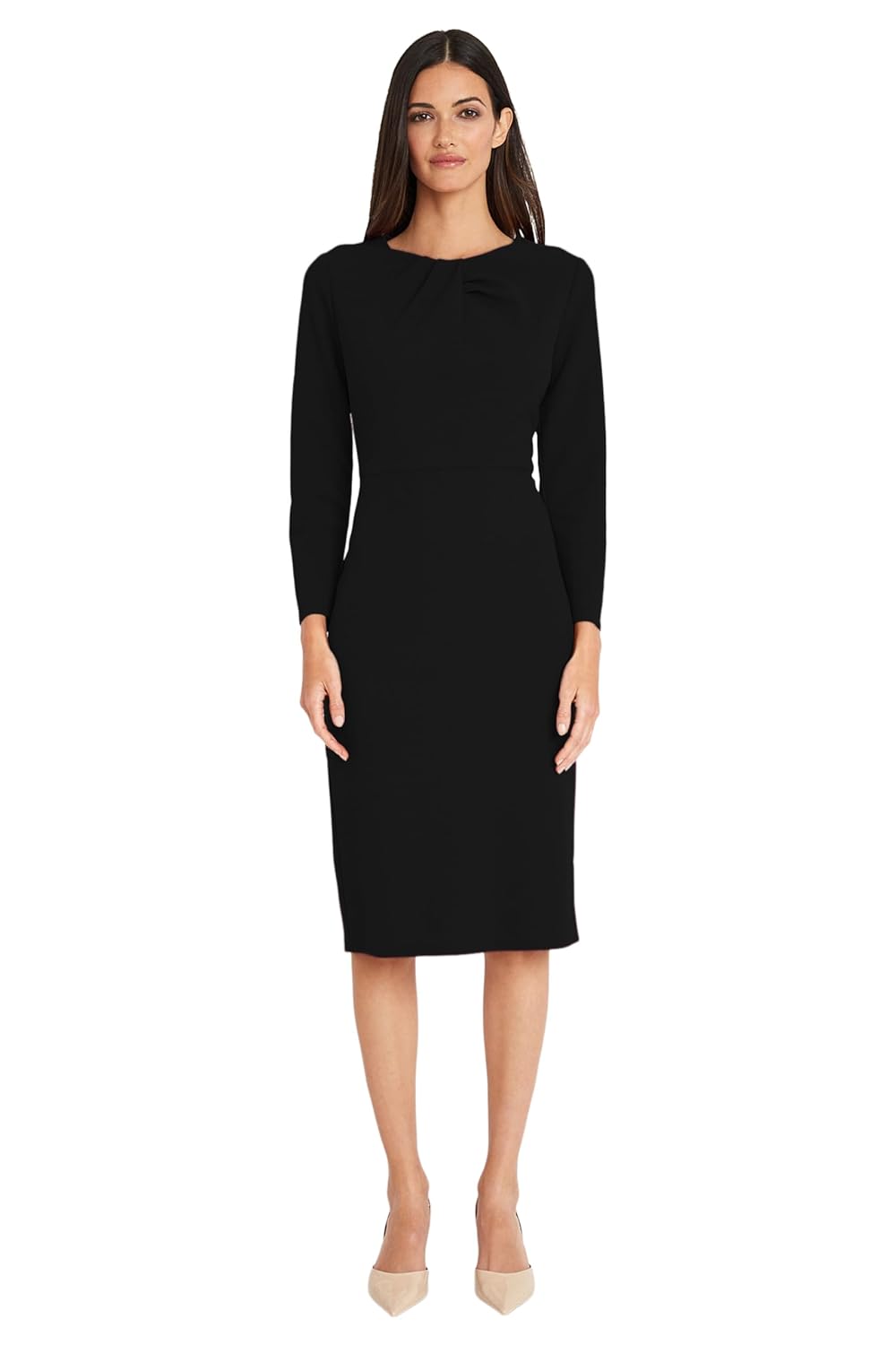 Maggy London Womens Dresses Long Sleeve Tucked Jewel Neck Sheath Career Office Wear Work Dress