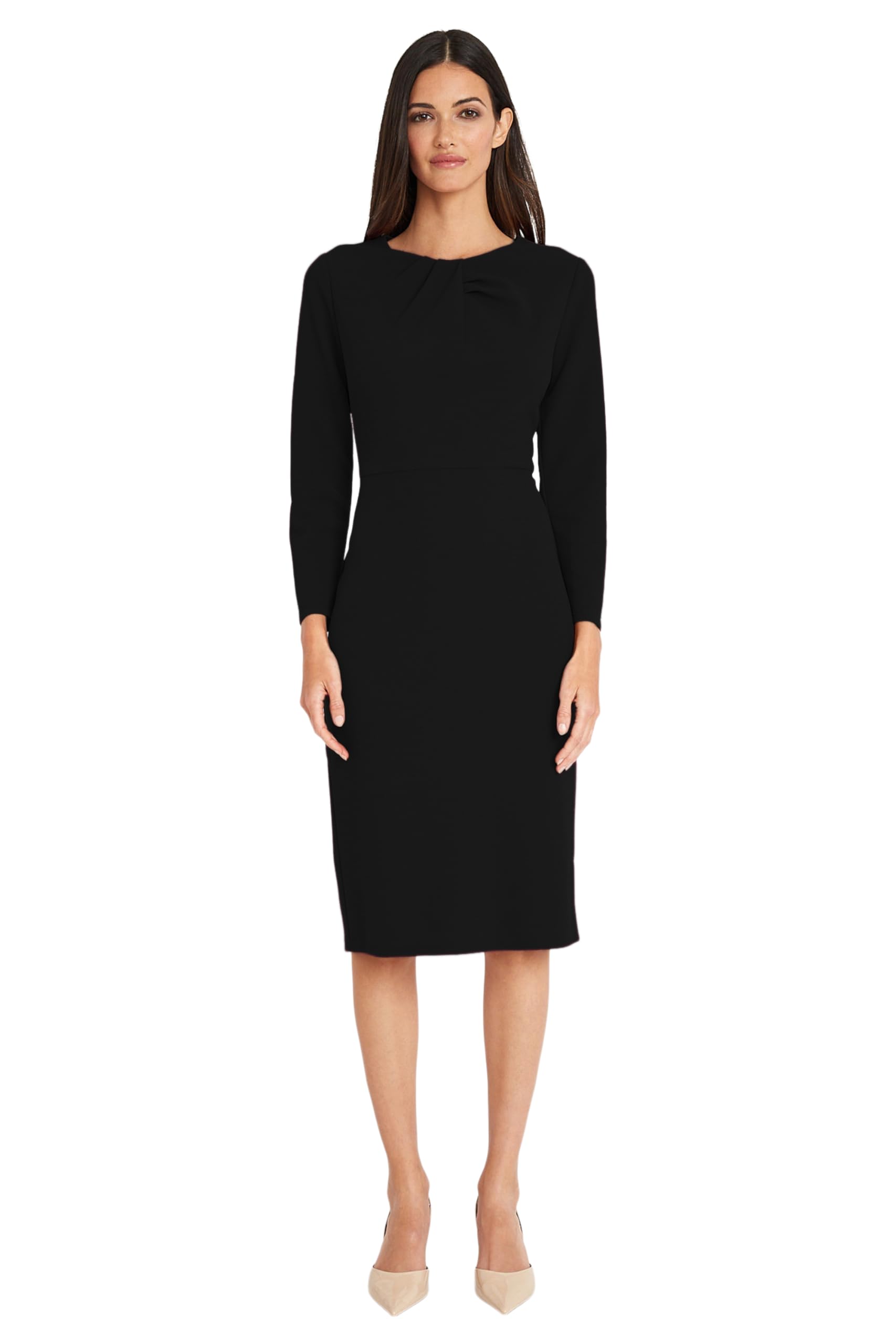 Maggy London Womens Dresses Long Sleeve Tucked Jewel Neck Sheath Career Office Wear Work Dress
