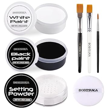 BOBISUKA Black & White Face Body Paint + Setting Powder + 3PCS Brushes Face Painting Kit for Adult Professional Oil Based Facepaint For Halloween Clown Skeleton Vampire Skull Joker Cosplay SFX Makeup