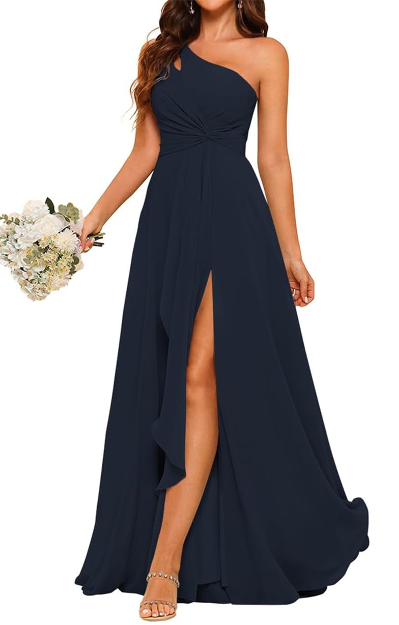 Ruffles Satin Bridesmaid Dresses One Shoulder Party Prom Evening Gowns with Slit Maid of Honor Gown AH116 Navy Blue UK20