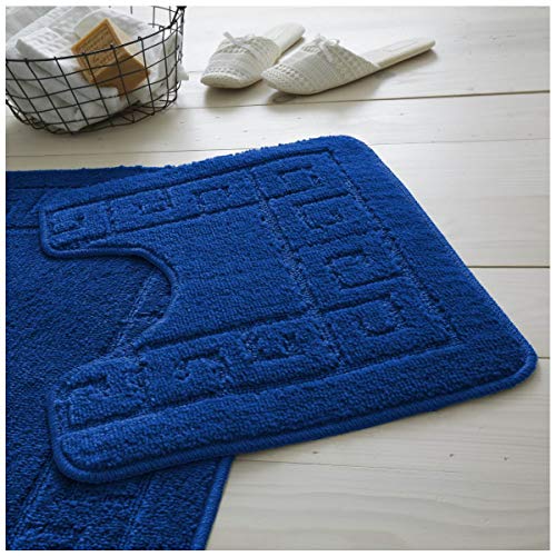 GAVENO CAVAILIA Ultra Plush 2 Piece Greek Bath Mat Anti Slip Pedestal Set, Extra Absorbent 100% Polypropylene Bathroom Toilet Rug, Regular (50x80, 50x40 cm), Royal Blue
