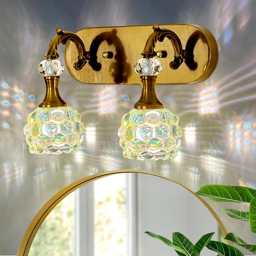 Image of 2 Light Vintage Vanity Light Gold Bathroom Lighting Fixtures Over Mirror Wall Sconce with Glass Shade