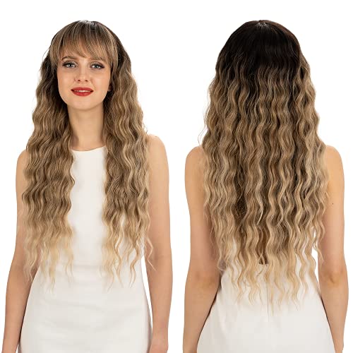 NOBLE Lace Front Wigs for Women with Bangs Ombre Light Brown Wavy Wig with Bangs 28 inches Long Curly Wavy Wig Glueless Heat Resistant Synthetic HD Lace Front Wigs with Bangs for Women