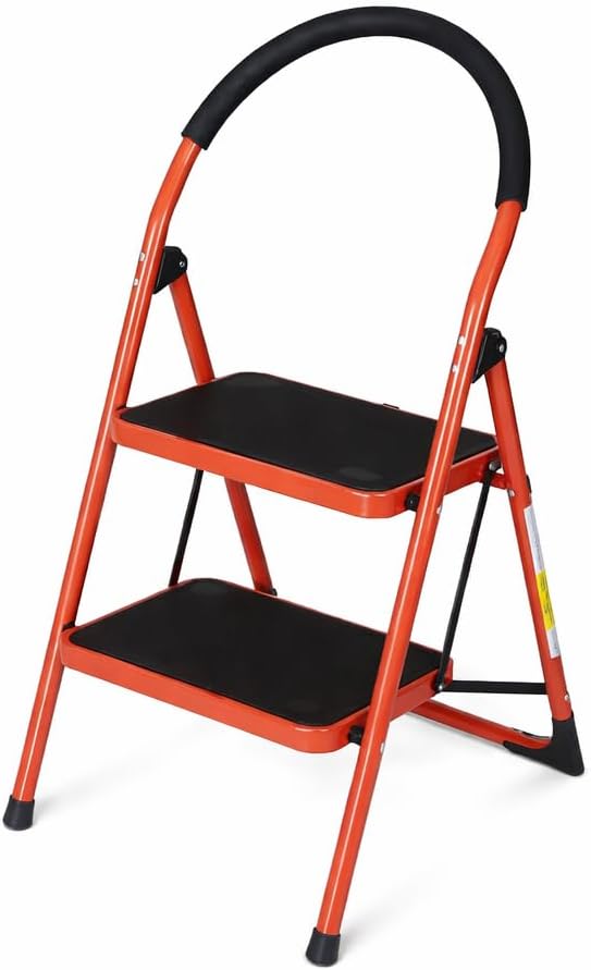 2 Step Folding Ladder with Handrail – Heavy Duty Steel Step Stool, Wide Anti-Slip Pedals, Lightweight Portable Step Stool for Kitchen, Closet & Home