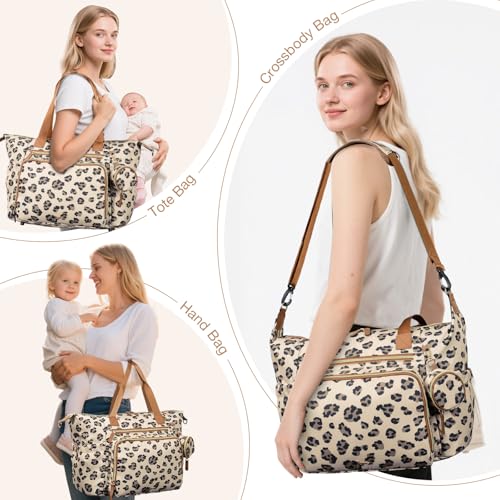 Image of Diaper Bag Tote, Large Baby Hospital Bag for Labor Delivery Mom | Travel Diaper Tote with Changing Pad, Pacifier Case, Insulated Pockets, Luggage Sleeve, Shoulder Strap, Leopard Print