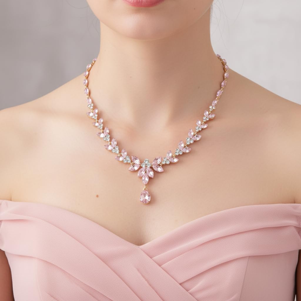 EVER FAITH Austrian Crystal Bridal Jewellery Set, Elegant Marquise Rhinestone Leaf Necklace with Dangling Earrings, Tennis Bracelet Set image 3