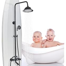 MOSSON Shower System Matte Black Outdoor Shower Fixtures | With 8 Inch Shower Head Handheld Spray and Tub Spout 2 Cross Handles Wall Mounted Shower Faucet Set for Bathroom or Backyard