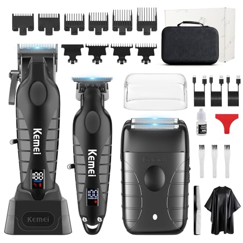 KEMEI Cortapelos profesional para hombres, inalámbrico completo de peluquería con cuchilla en T, kit completo de corte de pelo eléctrico con 9 guías, recargable por USB, pantalla LED